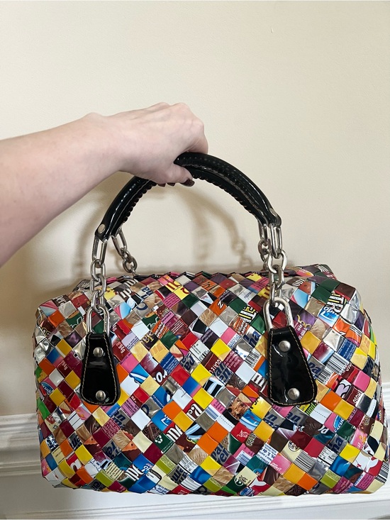 Nahui Ollin Handbags - Recycled, Patchwork Hand Woven Candy Wrappers Structured Large Satchel.